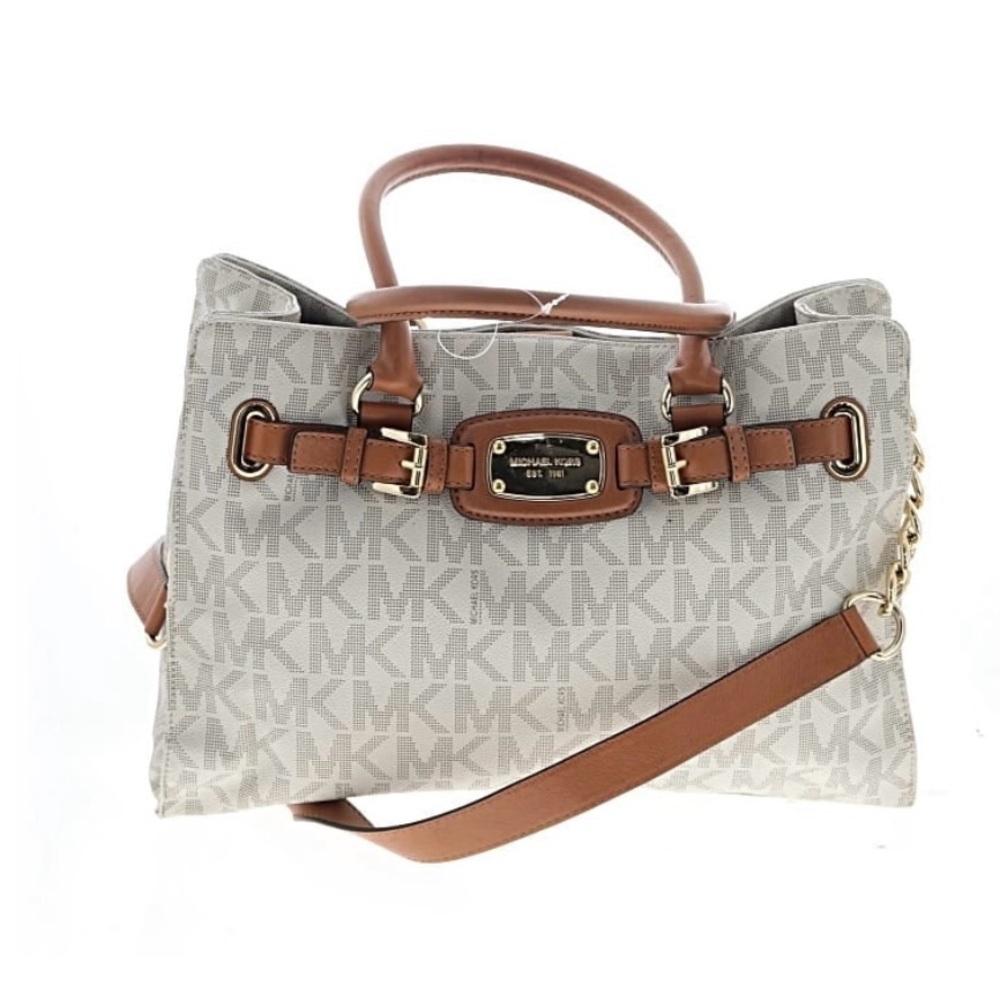 Michael Kors Monogram Satchel in Gray and Tan